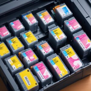 Ilustrasi tangan yang membuka penutup printer inkjet dan menunjukkan lokasi cartridge di dalamnya. Cartridge berwarna-warni terlihat jelas.