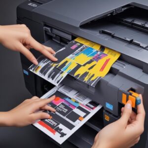 Ilustrasi tangan yang sedang menunjuk berbagai jenis tinta dan toner printer original di display sebuah toko, menunjukkan kelengkapan aksesoris.