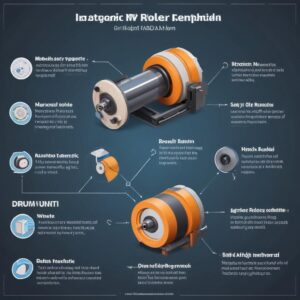 Infografis langkah-langkah membersihkan drum unit dan magnetic roller pada cartridge, dengan ikon hati-hati untuk bagian drum.