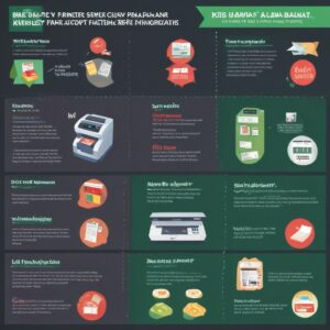 Infografis sederhana yang menampilkan perbandingan biaya beli vs. sewa printer, dengan panah hijau menunjuk ke'sewa' sebagai opsi hemat, dikelilingi ikon jam, uang, dan tanda centang.