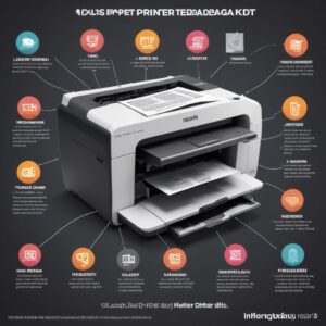 Infografis tentang berbagai jenis printer (Inkjet, Laserjet, Dot Matrix) dan ikon masalah umum (paper jam, hasil buram, error).