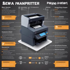 Infografis visual yang membandingkan keuntungan sewa printer (hemat biaya, bebas maintenance, fleksibel) versus beli printer (biaya awal tinggi, maintenance sendiri, kurang fleksibel). Menggunakan ikon-ikon sederhana.