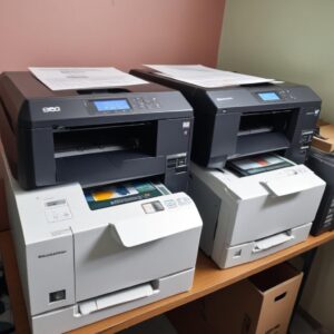 Perbandingan visual antara tumpukan uang tunai besar yang mengalir keluar (melambangkan biaya beli dan perawatan printer) dan setumpuk kecil uang tunai yang tetap di saku (melambangkan biaya sewa printer). Di latar belakang ada grafik pertumbuhan bisnis.