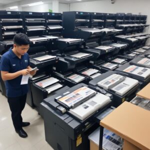 Peta area Bekasi dengan beberapa titik lokasi yang menandakan jangkauan layanan sewa printer, disertai ikon teknisi yang sedang memperbaiki printer, melambangkan layanan purna jual yang cepat.