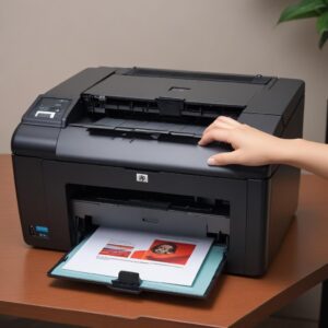 Printer HP LaserJet P1102 yang sedang mencetak halaman uji dengan hasil cetak yang bersih dan tajam, dikelilingi alat pembersih yang terorganisir.
