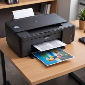 Printer yang sedang mencetak dokumen dengan hasil cetakan yang jelas dan tajam, dengan background meja kerja yang rapi dan cartridge printer terpasang di dalamnya.