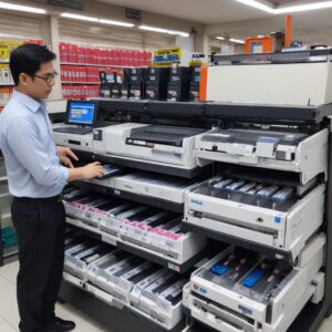 Rak display yang penuh dengan berbagai jenis tinta dan toner printer original dari merek-merek terkenal di sebuah toko elektronik di Surabaya.