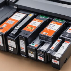 Sebuah ilustrasi perbandingan antara belanja online (ikon keranjang belanja, paket pengiriman) dan belanja offline (ikon toko fisik, orang berinteraksi dengan penjual) untuk cartridge printer, dengan panah menunjukkan kelebihan masing-masing.