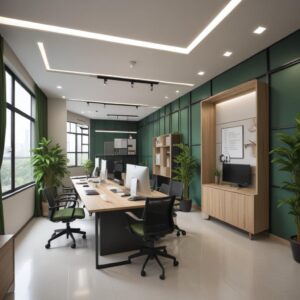 Sebuah kantor modern dengan desain open-space yang cerah, karyawan sedang berkolaborasi di meja panjang, dan beberapa tanaman hijau tersebar di sudut ruangan. Pencahayaan alami yang melimpah dan suasana yang energik.