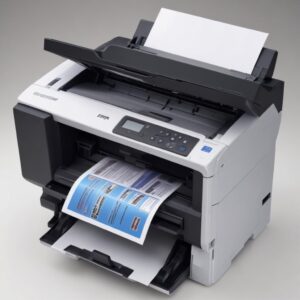 Sebuah printer Epson yang bersih dan terawat sedang mencetak dokumen dengan hasil yang sempurna. Ada tumpukan kertas bersih di sampingnya, menunjukkan kesiapan untuk digunakan.