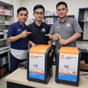 Sebuah tangan sedang memegang kemasan kotak toner printer baru yang tersegel rapi dengan logo original, di latar belakang terlihat siluet kota Bekasi.
