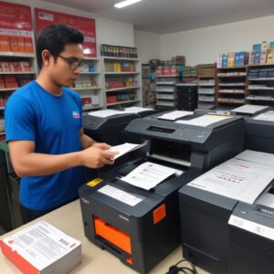 Sekelompok orang sedang menawar harga dengan seorang penjual di meja kasir sebuah toko printer, suasana transaksi yang hidup dan interaktif di pusat perbelanjaan.