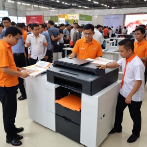 Sekelompok orang sedang menggunakan printer di sebuah event atau pameran, mencetak dokumen dengan cepat dan tanpa hambatan, menunjukkan kemudahan dan efisiensi penyewaan printer.