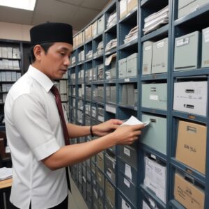 Seorang manajer tersenyum puas di depan lemari stok perlengkapan kantor yang rapi dan terorganisir, dengan berbagai macam alat tulis dan kertas terlihat jelas. Konsep manajemen stok yang efisien.