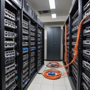 Seorang pekerja IT sedang mengatur kabel-kabel jaringan di server rack dengan teliti, menunjukkan kompleksitas persiapan infrastruktur teknologi kantor baru. Dia mengenakan ID card dan terlihat fokus.