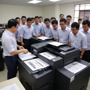 Seorang pekerja kantor tersenyum lega sambil mencetak dokumen setelah printer diperbaiki, menunjukkan peningkatan produktivitas.