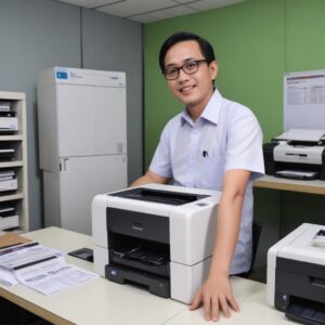 Seorang pengusaha muda sedang berjabat tangan dengan penyedia layanan printer, menunjukkan kesepakatan yang sukses dan kolaborasi, dengan latar belakang kantor modern.
