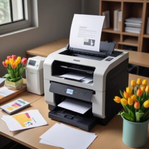 Seorang pengusaha muda sedang tersenyum ceria sambil melihat printer multifungsi modern yang baru dipasang di kantornya yang bersih dan minimalis. Ada tulisan