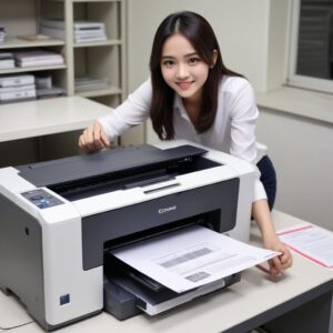 Seorang pria atau wanita tersenyum lega di depan printer yang sudah berfungsi normal, dengan tumpukan kertas yang baru dicetak.