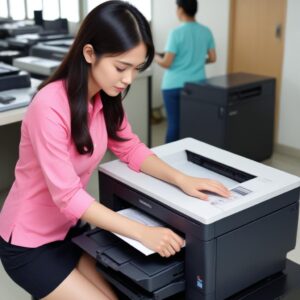 Seorang pria atau wanita tersenyum lega di depan printer yang berfungsi kembali, dengan tumpukan dokumen tercetak di meja.