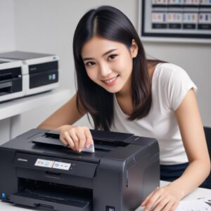 Seorang pria atau wanita tersenyum sambil berhasil mengganti cartridge pada printer, menunjukkan kepuasan dan kemudahan setelah membaca panduan.