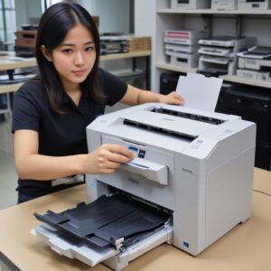 Seorang pria atau wanita tersenyum sambil memegang kartu garansi printer Epson di satu tangan dan printer di tangan lainnya, menunjukkan kepercayaan diri dan kelegaan setelah memahami biaya service.