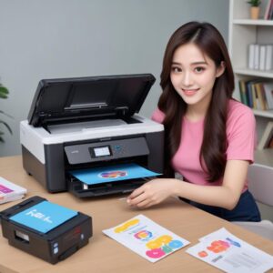 Seorang pria atau wanita tersenyum sambil memegang cartridge printer baru, siap untuk dipasang. Printer di latar belakang tampak berfungsi dengan baik dan mencetak dokumen berwarna-warni yang jernih.