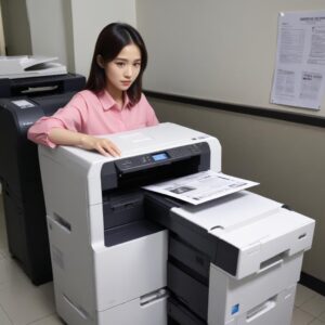 Seorang pria dan wanita tersenyum lega di depan printer yang berfungsi normal, dengan tumpukan kertas hasil cetakan di sampingnya, menunjukkan kepuasan.