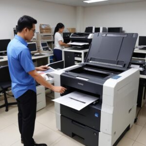 Seorang pria menunjukkan rasa frustrasi di depan printer yang macet, dengan tumpukan dokumen penting di meja. Latar belakang adalah kantor modern dengan jendela kota Jakarta.