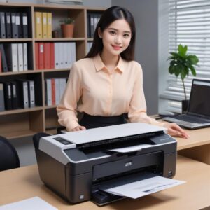 Seorang pria muda dan seorang wanita muda tersenyum puas di depan sebuah printer deskjet di sebuah kantor yang bersih, menunjukkan kemudahan dan efisiensi menyewa printer. Meja kerja rapi, ada laptop dan beberapa dokumen.