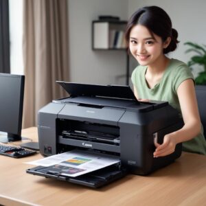 Seorang pria muda dengan ekspresi lega setelah berhasil memperbaiki printer Canon di mejanya. Ada laptop di sampingnya dan beberapa dokumen yang baru dicetak. Fokus pada printer Canon.