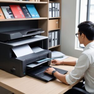 Seorang pria muda dengan laptop sedang melihat berbagai jenis printer di sebuah website penyewaan printer, menunjukkan ekspresi sedang membandingkan harga dan fitur. Latar belakang kantor minimalis.