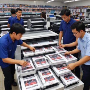 Seorang pria muda sedang membandingkan berbagai model printer di toko elektronik modern di Surabaya, dengan poster diskon di latar belakang.