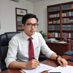 Seorang pria tersenyum lega di depan tumpukan dokumen yang baru dicetak, dengan latar belakang kantor modern yang rapi. Ilustrasi menunjukkan kemudahan dan efisiensi dalam mengelola dokumen.