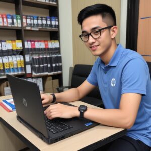 Seorang pria tersenyum sambil memegang dua kotak kartrid tinta HP di depan laptop yang menampilkan daftar supplier online. Tangan lainnya memegang kartu kredit.