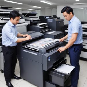 Seorang teknisi printer sedang melakukan perbaikan atau maintenance pada printer di sebuah kantor modern di Jakarta, menunjukkan layanan purna jual yang profesional.