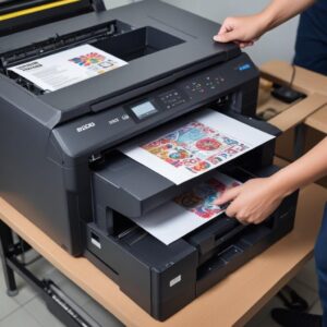 Seorang teknisi printer sedang memeriksa bagian dalam printer yang terbuka, dengan alat-alat servis di sekitarnya. Tampilan fokus pada tangan teknisi.