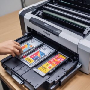 Seorang teknisi printer sedang memeriksa cartridge printer yang terbuka di meja kerja, menunjukkan beberapa alat servis dan cairan pembersih. Fokus pada tangan teknisi dan komponen cartridge.