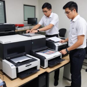 Seorang teknisi printer sedang memperbaiki printer di meja kantor dengan laptop dan tumpukan kertas di sampingnya, menunjukkan suasana perbaikan langsung di tempat kerja.
