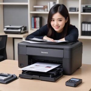 Seorang teknisi printer sedang sibuk memperbaiki printer inkjet yang terbuka, dengan berbagai perkakas di meja dan sparepart printer.