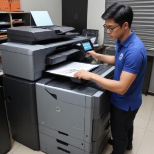 Seorang teknisi profesional berseragam HP sedang memeriksa bagian dalam printer HP dengan alat-alat service di meja kerja yang rapi. Ada logo HP yang jelas di latar belakang.