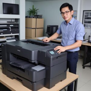 Seorang teknisi profesional sedang memperbaiki printer di kantor dengan senyum ramah, sementara seorang karyawan lain melihat dengan ekspresi lega, menggambarkan layanan support yang cepat dan terpercaya.