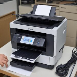 Seorang teknisi sedang memeriksa printer Epson yang sedang dibongkar di meja kerja, menunjukkan berbagai komponen internal, dengan fokus pada tangan teknisi yang memegang obeng kecil. Latar belakang bersih dan terang.