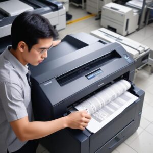 Seorang teknisi sedang memperbaiki printer dot matrix dengan alat profesional, menunjukkan layanan dukungan teknis yang cepat dan efisien. Di dekatnya, seorang pebisnis tersenyum puas.