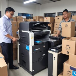 Seorang teknisi sedang mengantar paket toner printer ke depan sebuah kantor di kawasan industri Bekasi, dengan senyum ramah dan logo toko kami terlihat jelas.