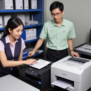 Seorang teknisi sedang menginstalasi printer di sebuah ruangan yang cerah, di mana seorang mahasiswa sedang mengamati dengan senyum puas. Menunjukkan kemudahan proses pengiriman dan instalasi.