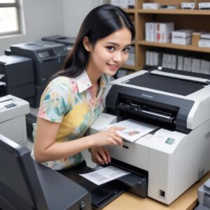 Seorang wanita tersenyum dan merasa lega saat melihat printer berfungsi normal, mencetak dokumen dengan rapi. Di tangannya memegang kartu garansi printer.