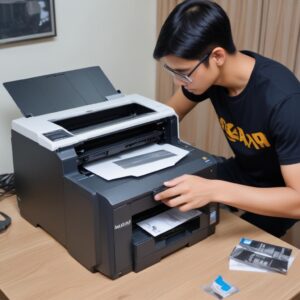 Seseorang sedang melakukan head cleaning printer secara mandiri di rumah, dengan laptop di sampingnya menunjukkan jendela pengaturan printer, memberikan kesan