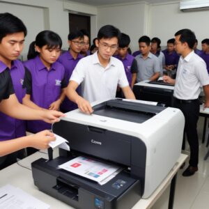 Seseorang sedang membersihkan bagian dalam printer menggunakan kuas kecil dan kain lap, menunjukkan perawatan rutin yang dilakukan pada printer.