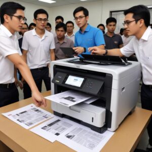 Seseorang tersenyum lega sambil memegang selembar kertas hasil cetakan, dengan printer modern yang terhubung ke laptop di meja.